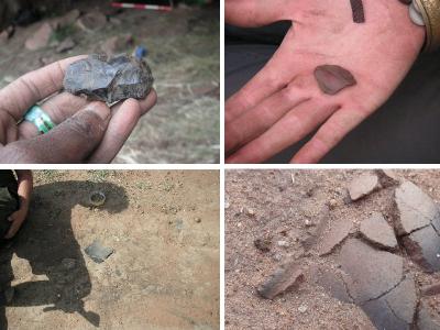 Figure 3 - Finds: Lithics from the Rock Shelter (Top Left & Right). Pot by Side of Road (Bottom Left). Excavating Pot (Bottom Right). (Image copyright - Khadija McBain: Top Left & Right, Bottom Left/Jacqui Mellows: Bottom Right)