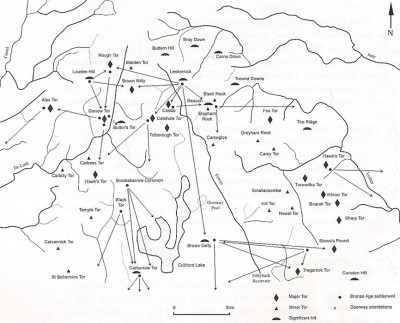 Figure 4. Map of Neolithic and Bronze Age house orientations on Bodmin Moor (adapted after Bender et al. 2007, fig 16:8).